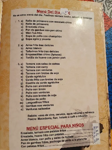 Carta de Restaurante Jardín Chino